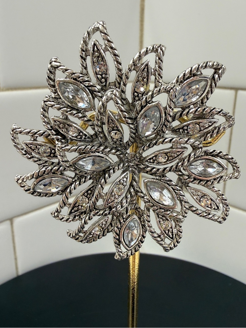 Crystal Floral Burst Brooch in Silver Tone